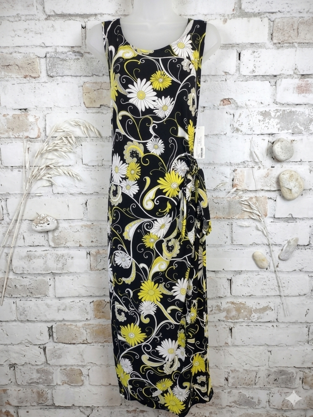 Signature By Robbie Bee Black Yellow White Floral Print Maxi Dress Size …